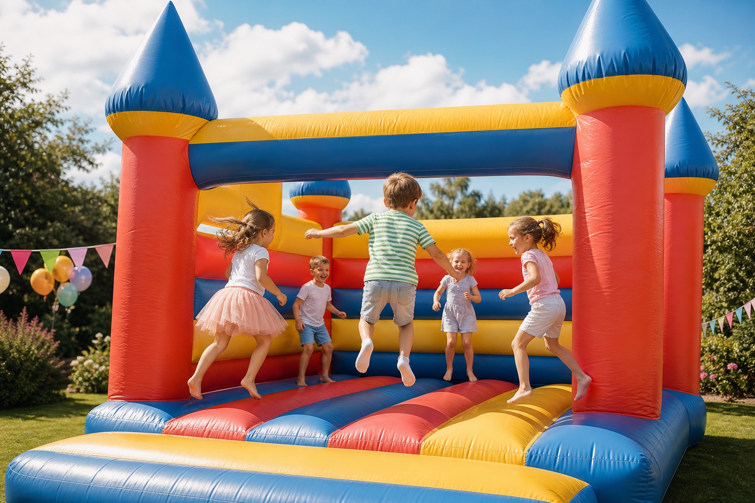 Kinder spielen gemeinsam in einer bunten Hüpfburg